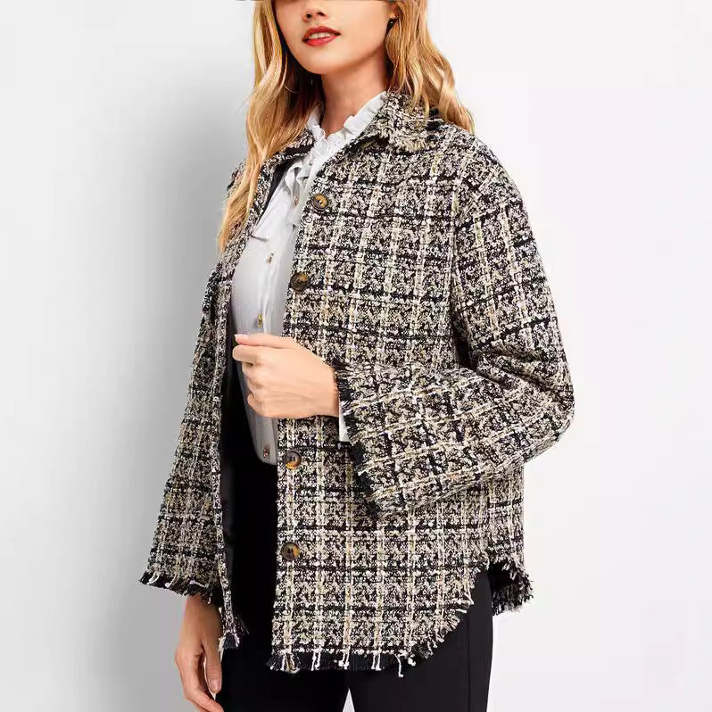 Apricot Plaid Fringe Coat