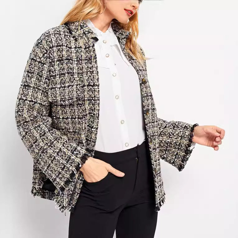Apricot Plaid Fringe Coat