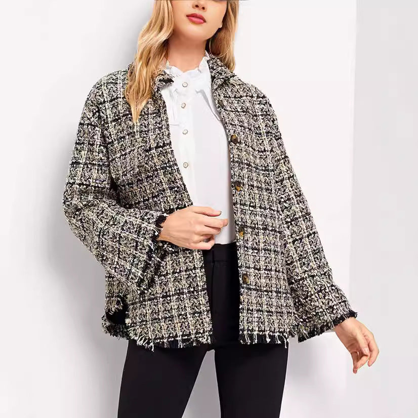 Apricot Plaid Fringe Coat