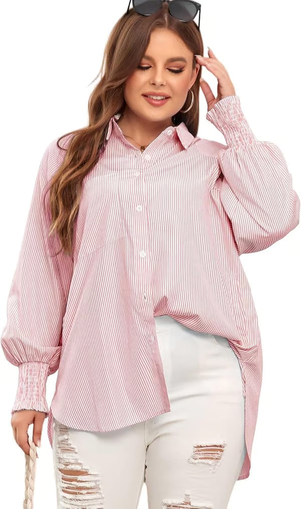 ✨💥Mid-length smocked shirt with striped lapel and oversized drawdown sleeves